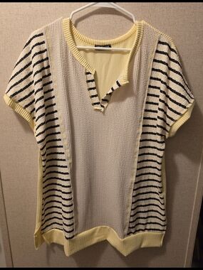Yellow and White Striped Knit Top - Women's Blouse